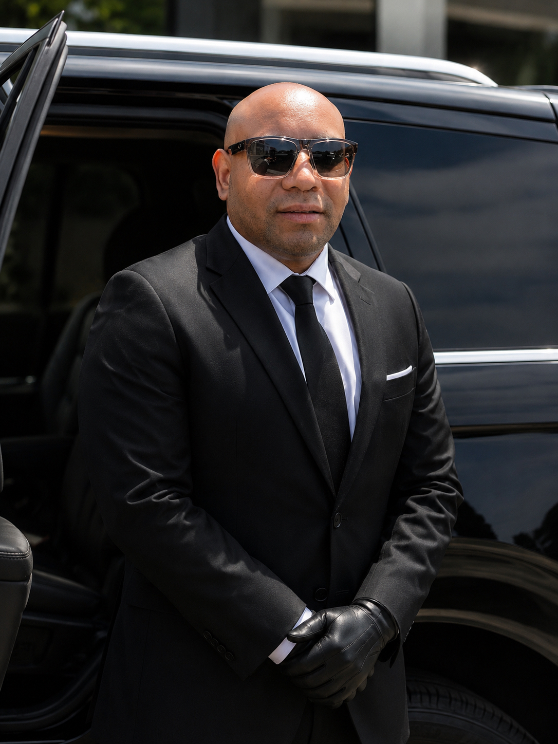 CARCO NY chauffeur in a black suit standing beside a black SUV